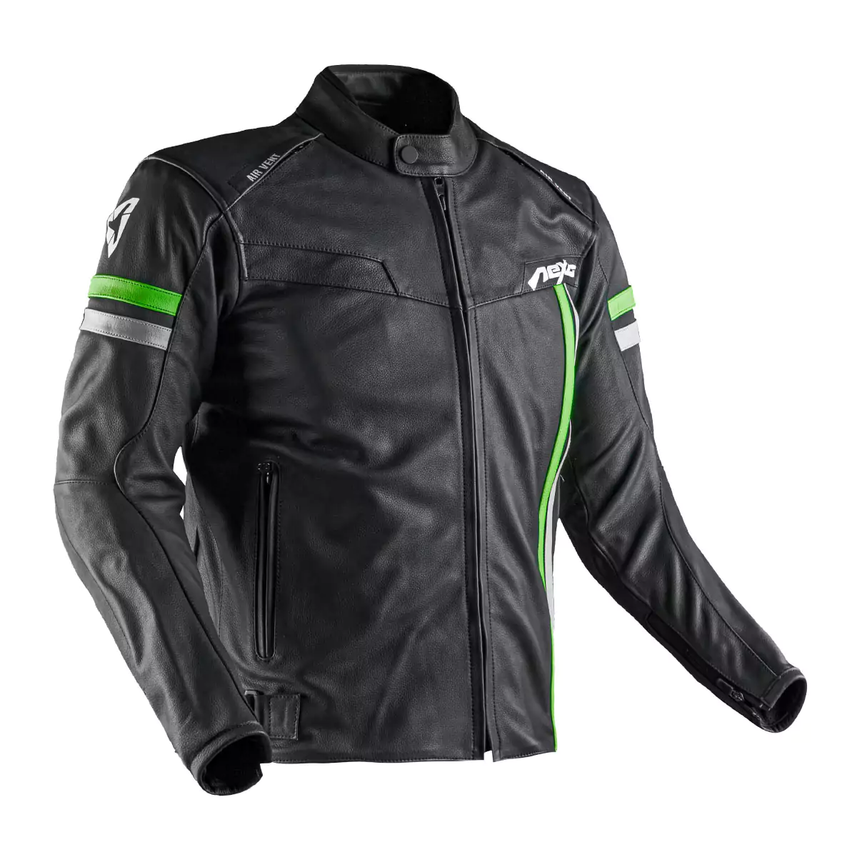 Mens leather motorcycle jacket with a classic design and multiple pockets.