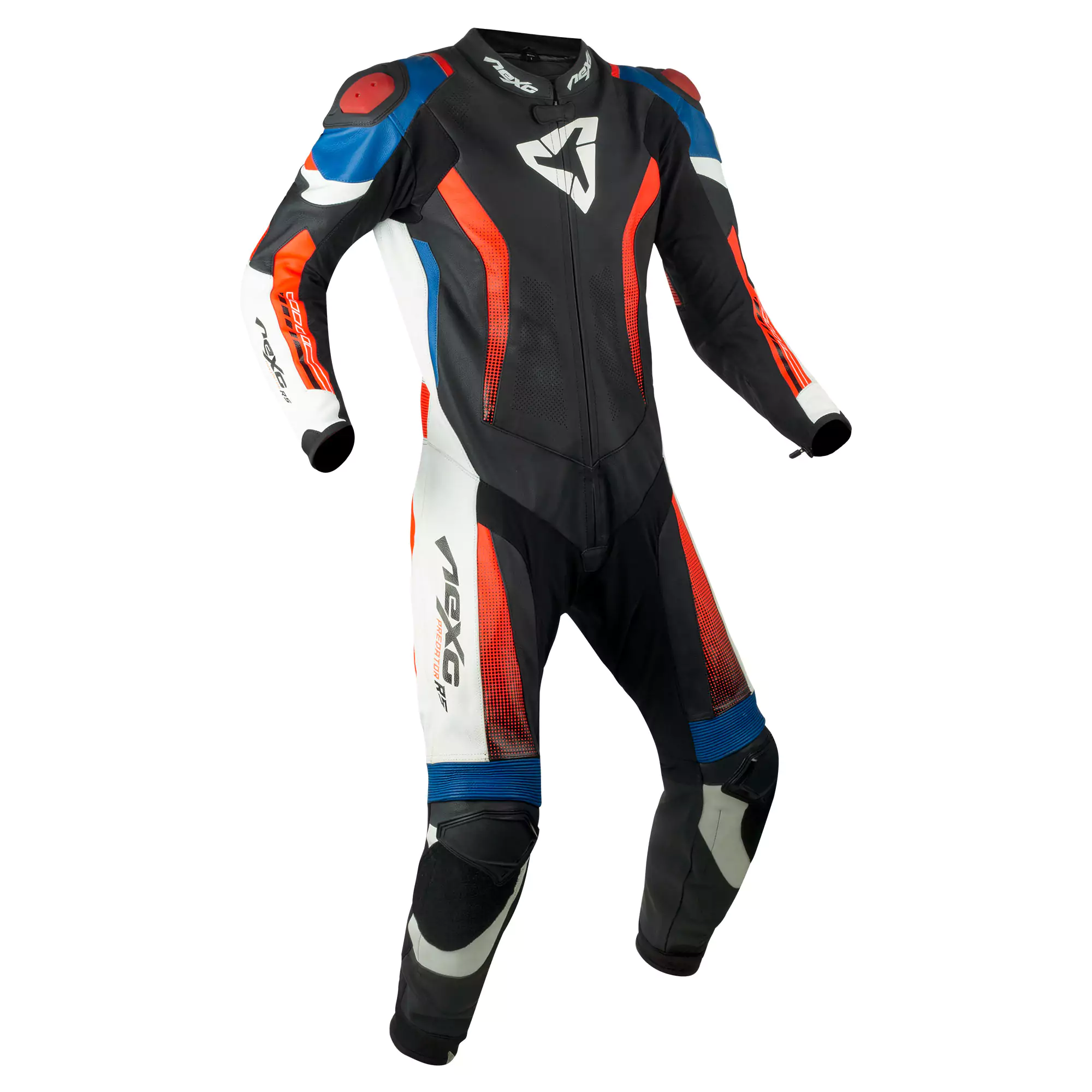 Leather motorcycle full suit with protective armor and racing design.