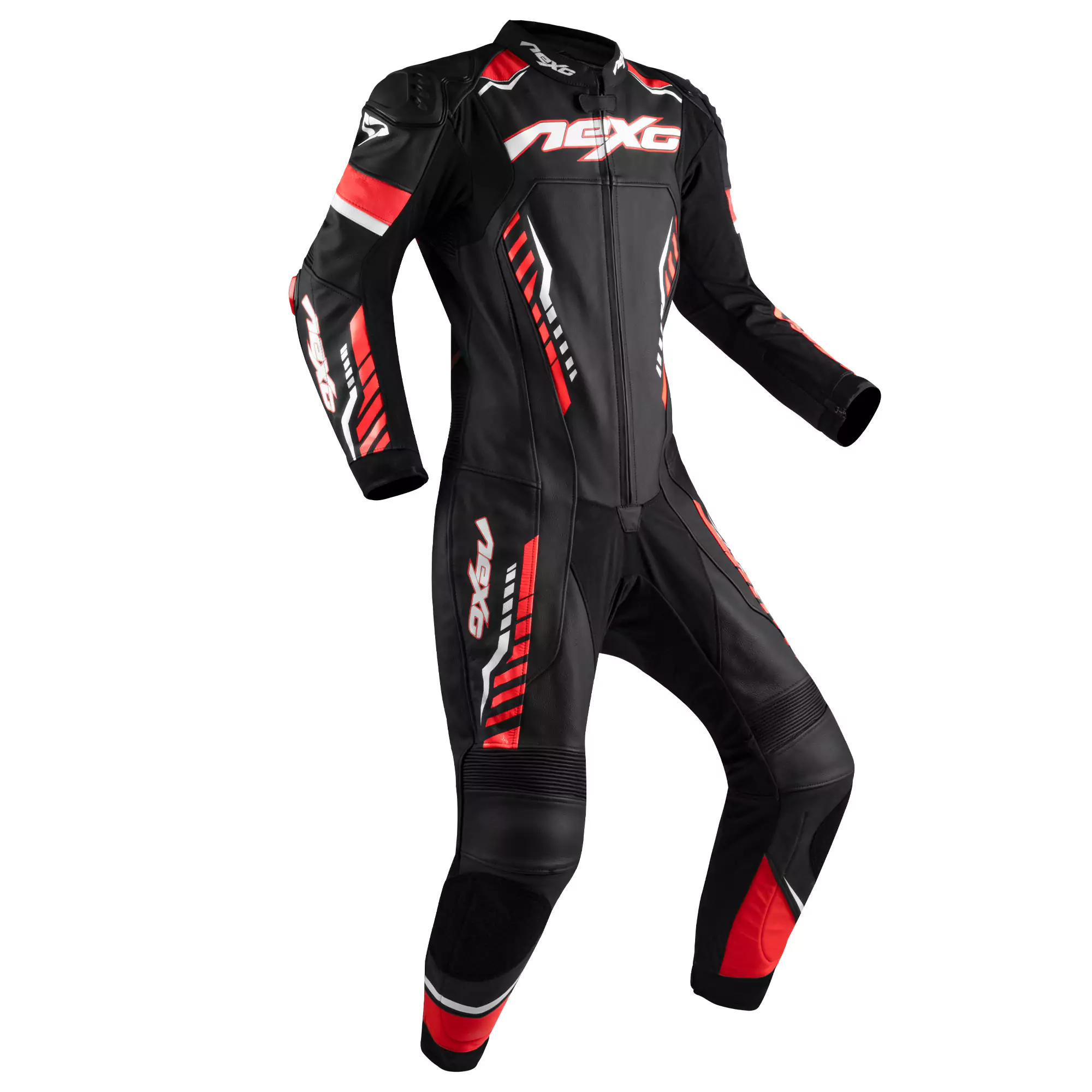 Leather motorcycle full suit with protective armor and racing design.