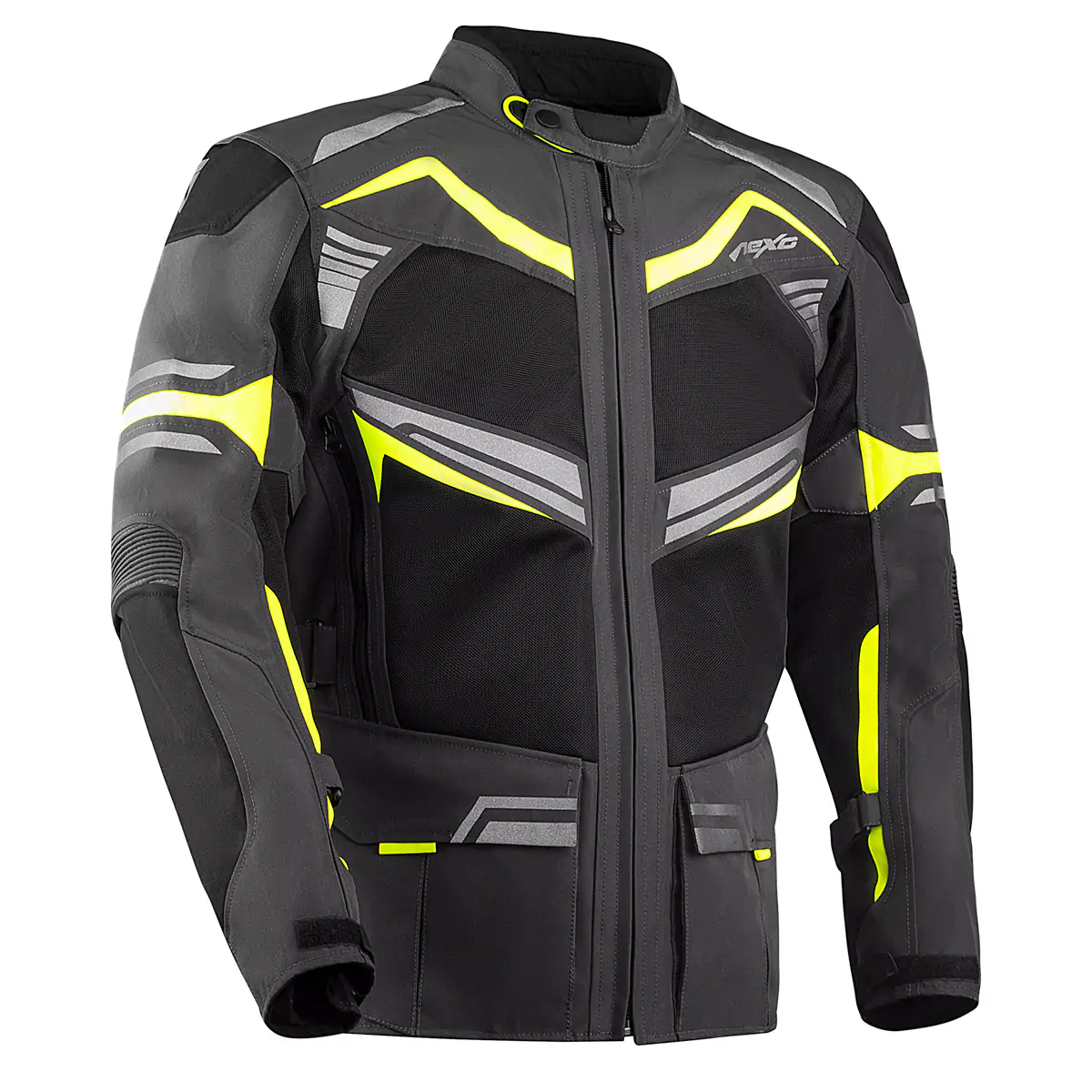 Textile motorcycle jacket with protective padding and reflective accents.