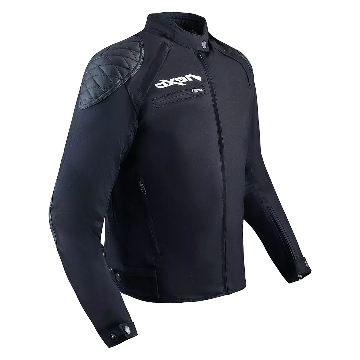 Textile motorcycle jacket with protective padding and reflective accents.