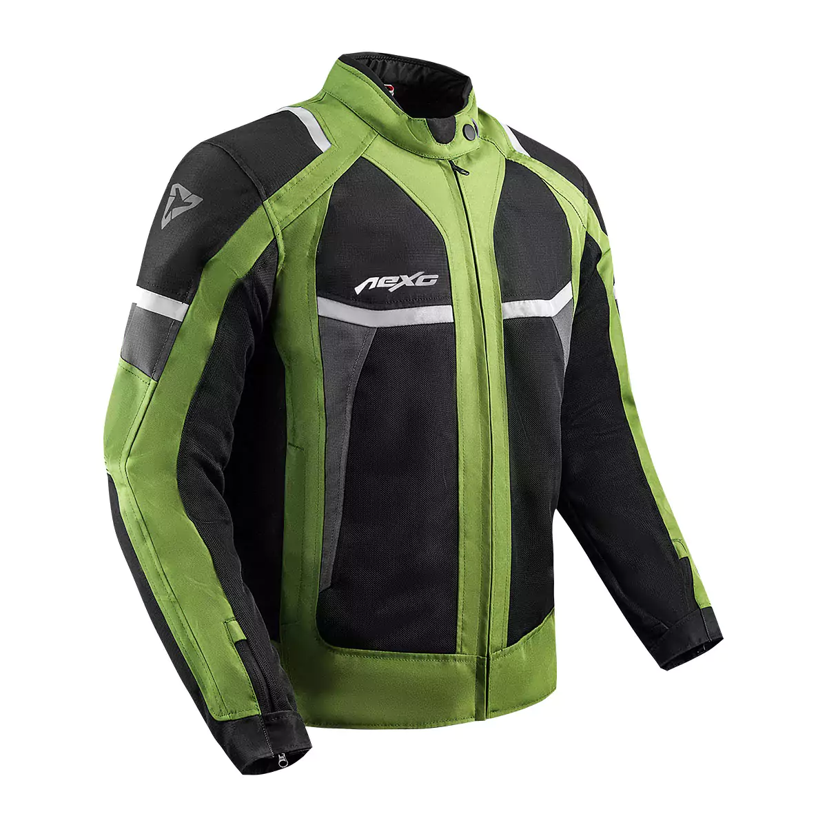 Textile motorcycle jacket with protective padding and reflective accents.