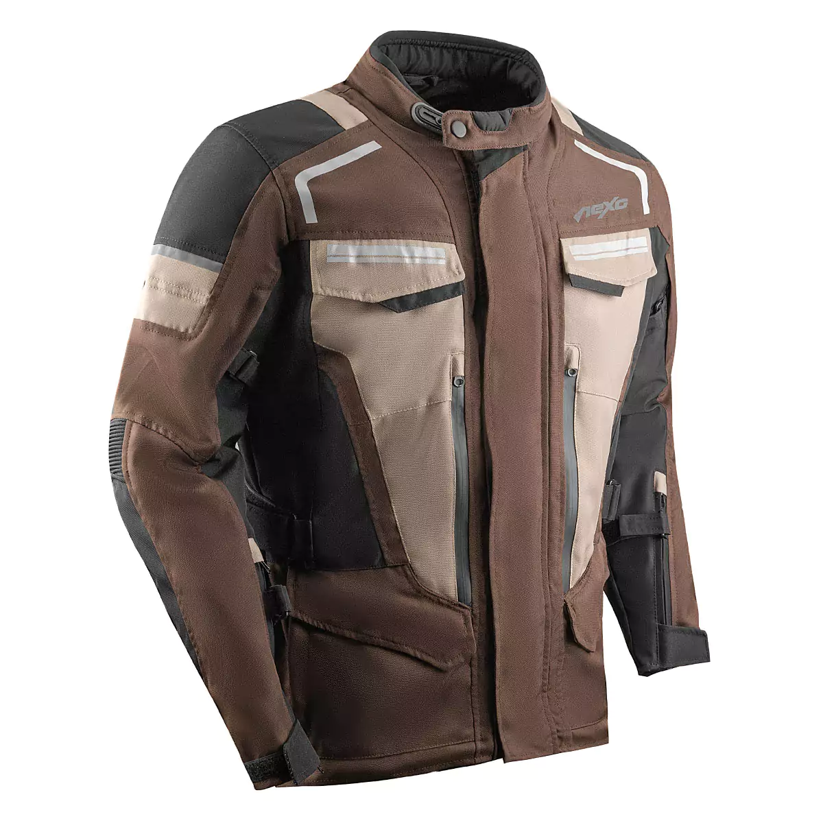 Textile motorcycle jacket with protective padding and reflective accents.