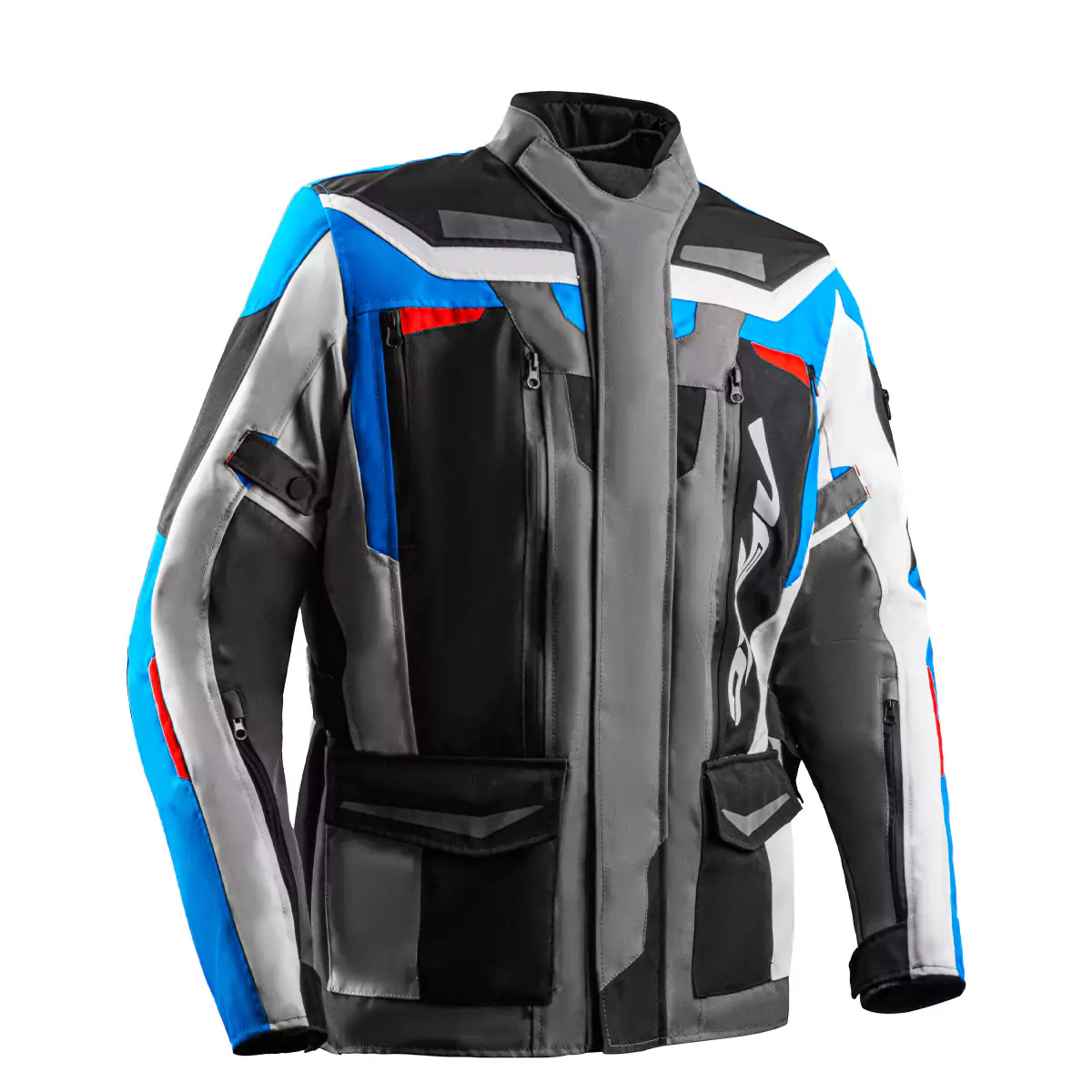 Textile motorcycle jacket with protective padding and reflective accents.