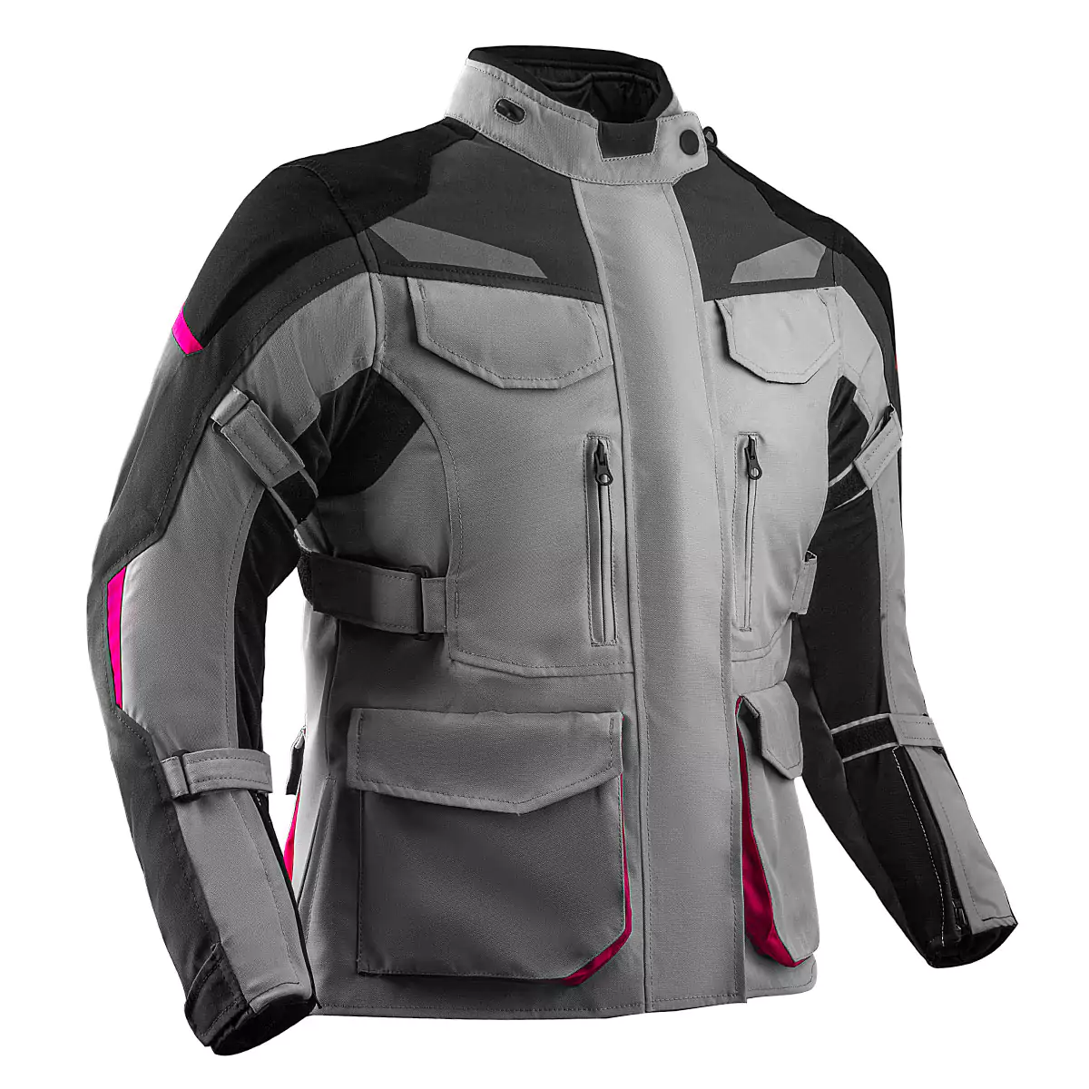 Textile motorcycle jacket with protective padding and reflective accents.