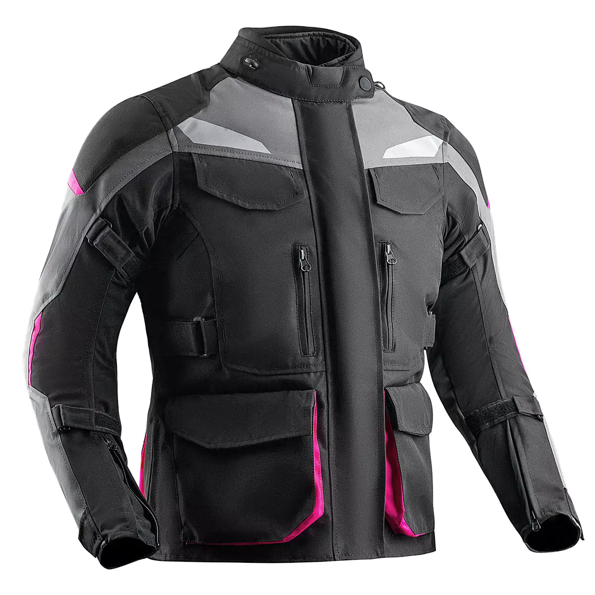 Textile motorcycle jacket with protective padding and reflective accents.