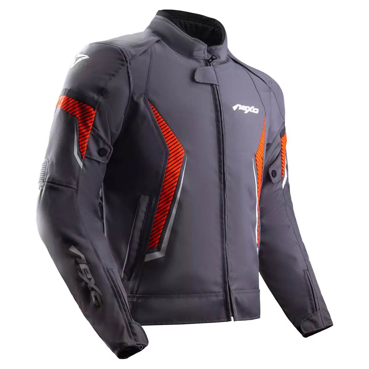 Textile motorcycle jacket with protective padding and reflective accents.