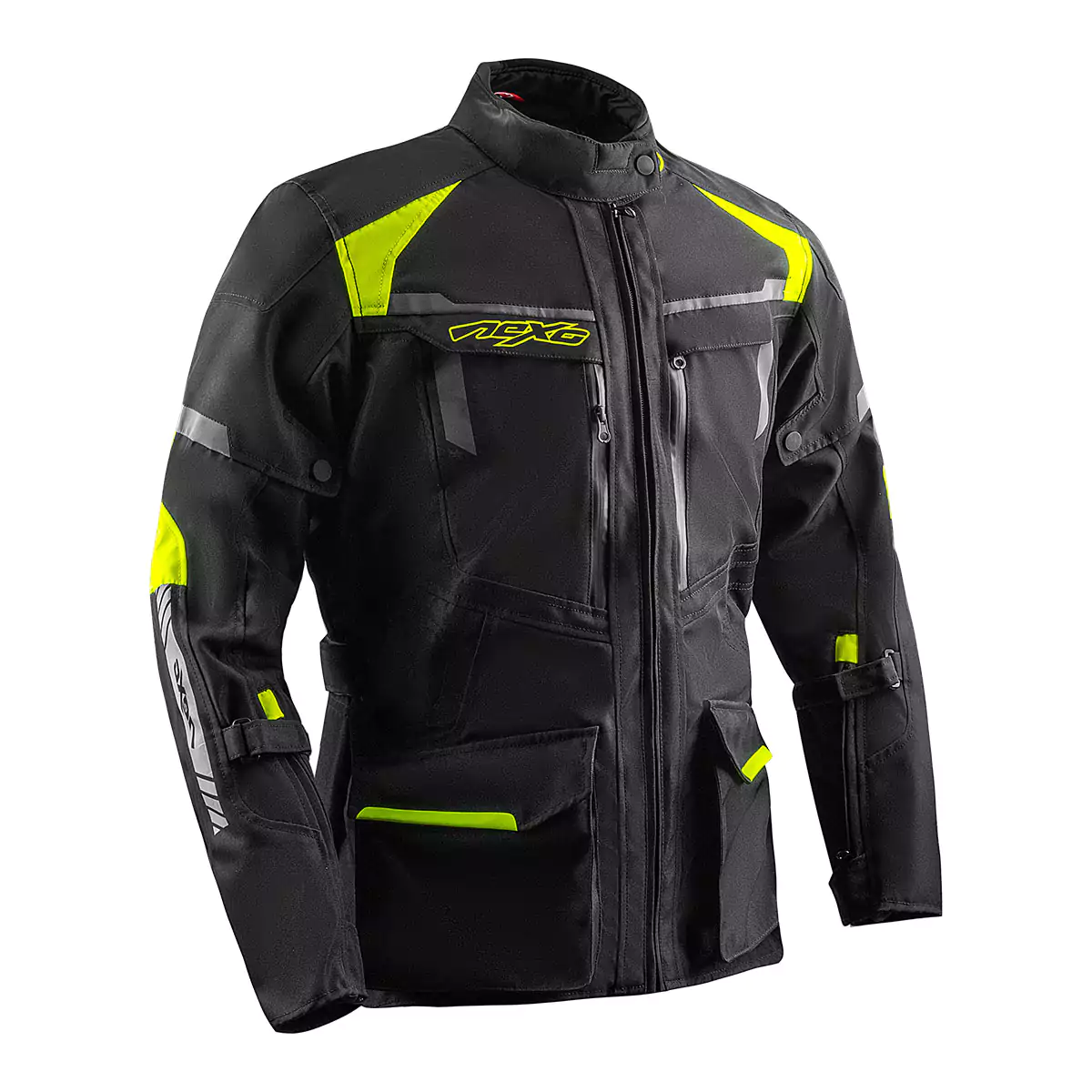 Textile motorcycle jacket with protective padding and reflective accents.