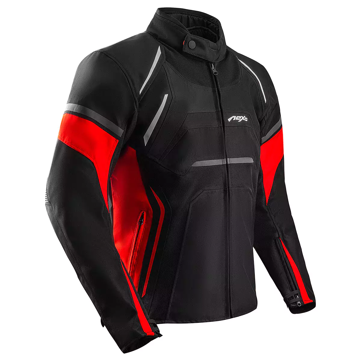 Textile motorcycle jacket with protective padding and reflective accents.