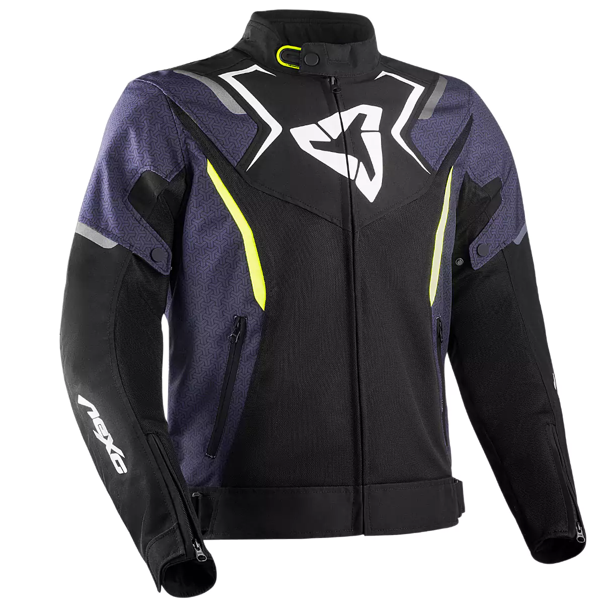 Textile motorcycle jacket with protective padding and reflective accents.