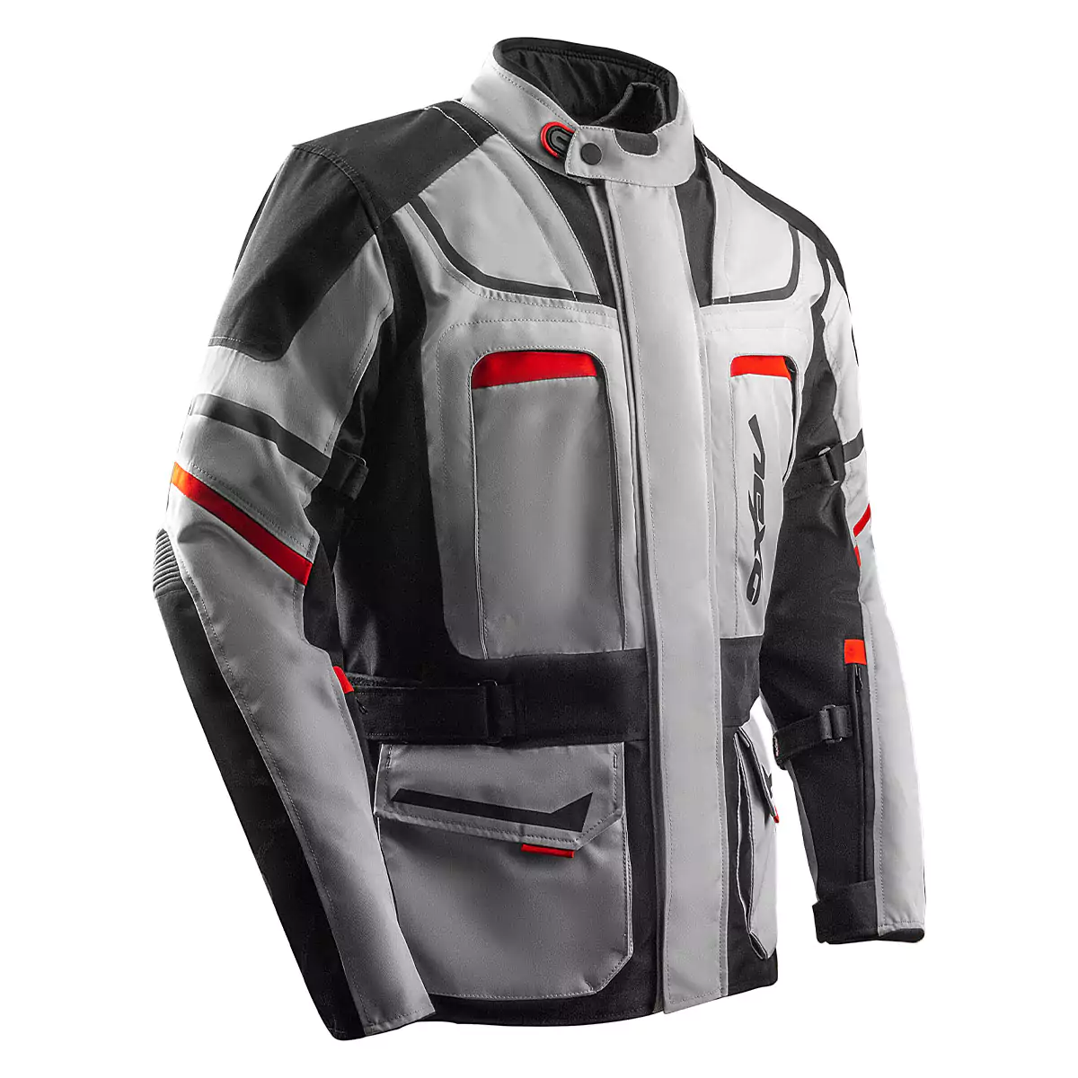 Textile motorcycle jacket with protective padding and reflective accents.