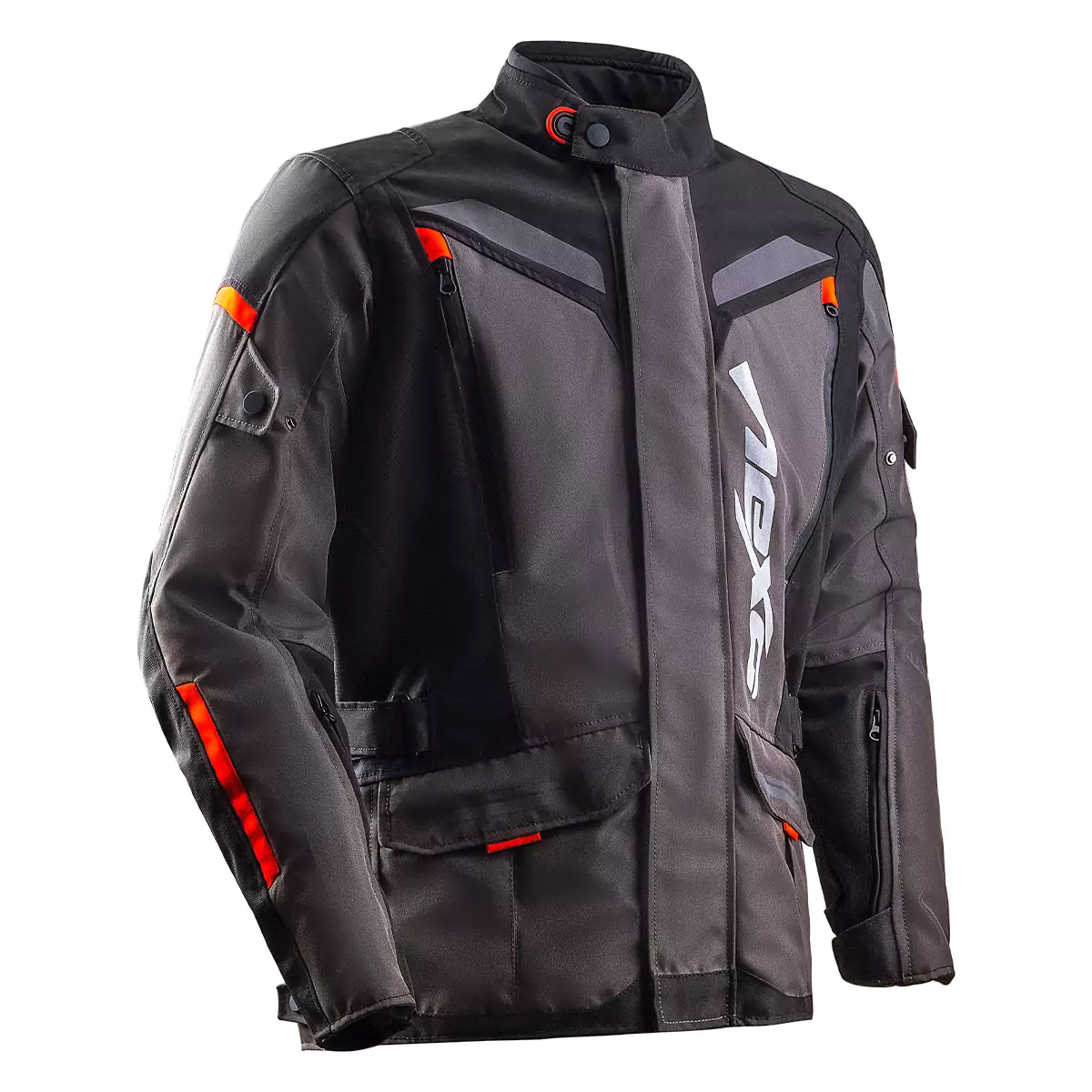 Textile motorcycle jacket with protective padding and reflective accents.