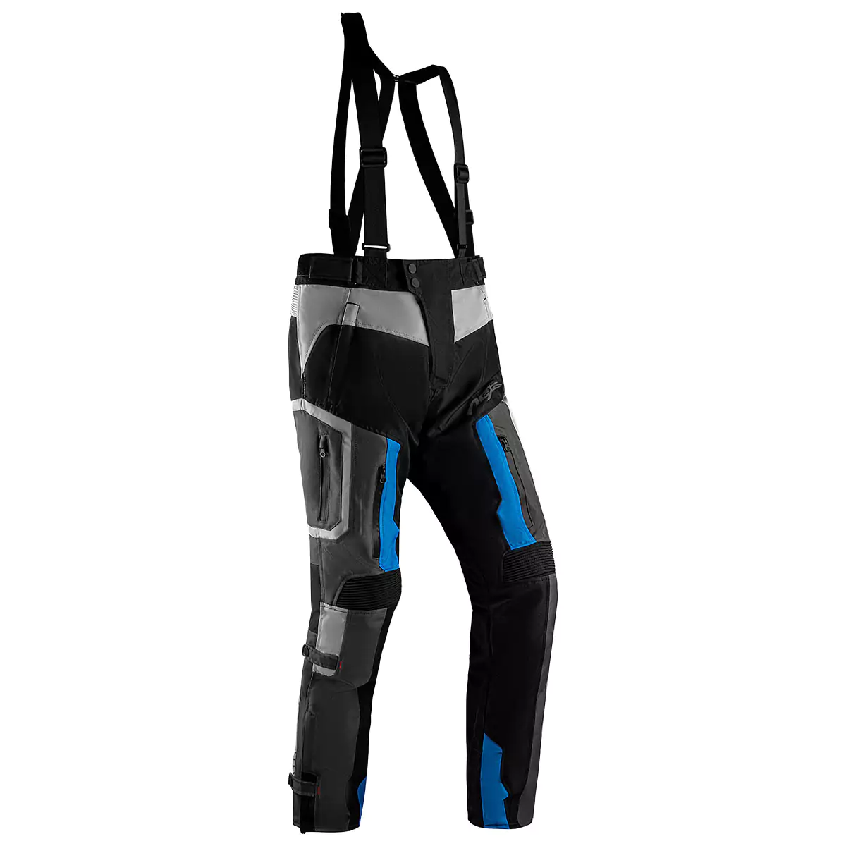 Black, grey and blue color motorcycle textile pants with protective padding and adjustable straps.