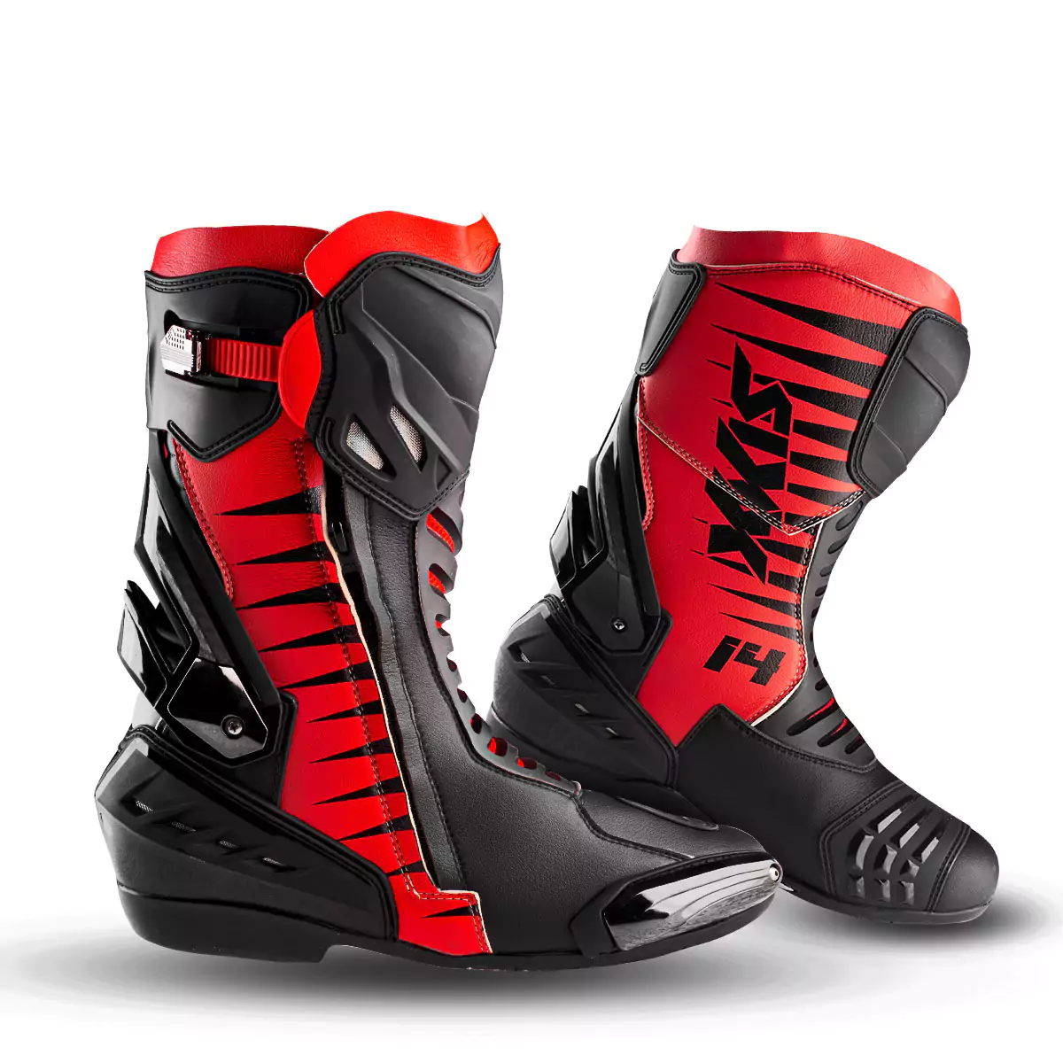 a pair of  long black and red  motorcycle racing boots