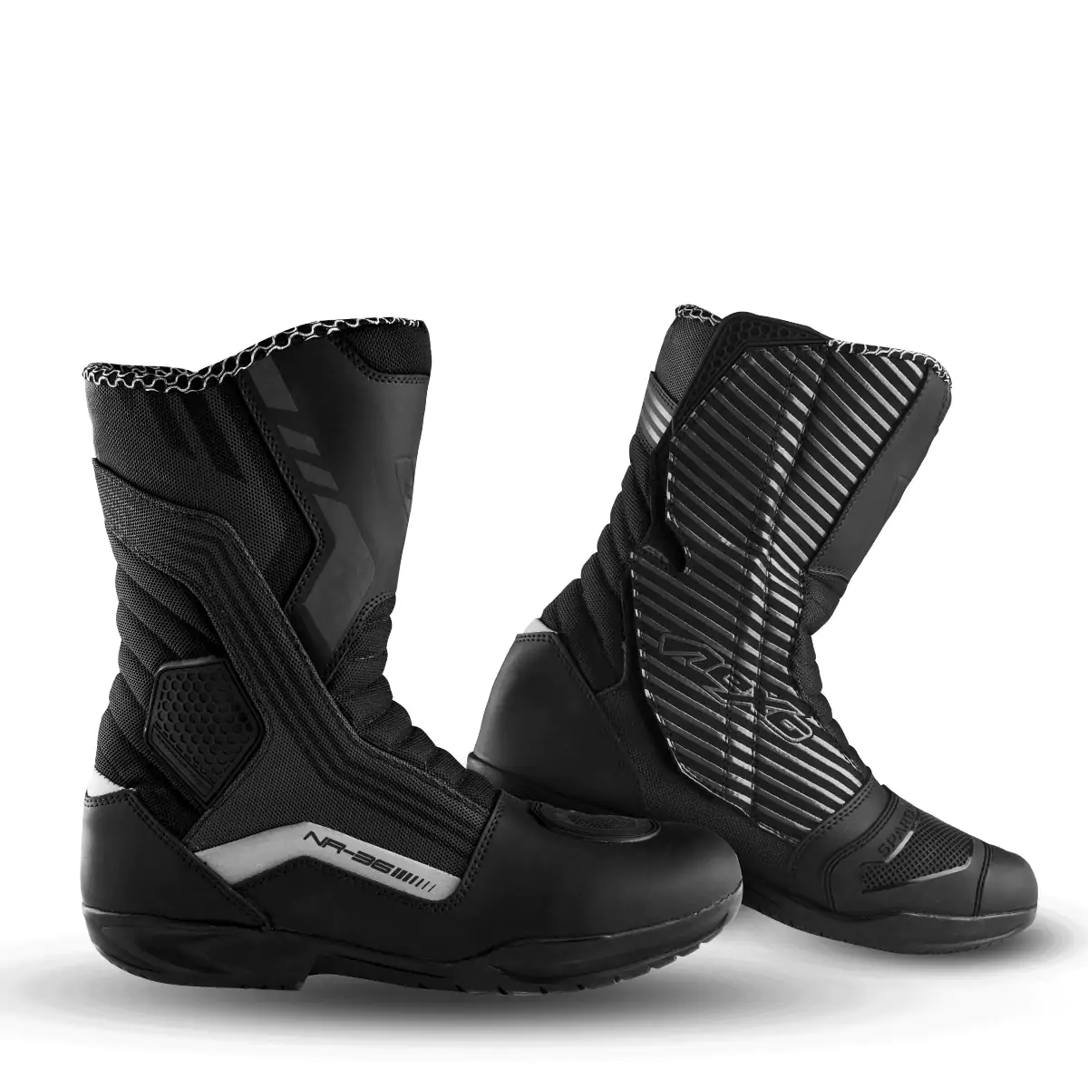 long black touring boots pair with a touch of white color