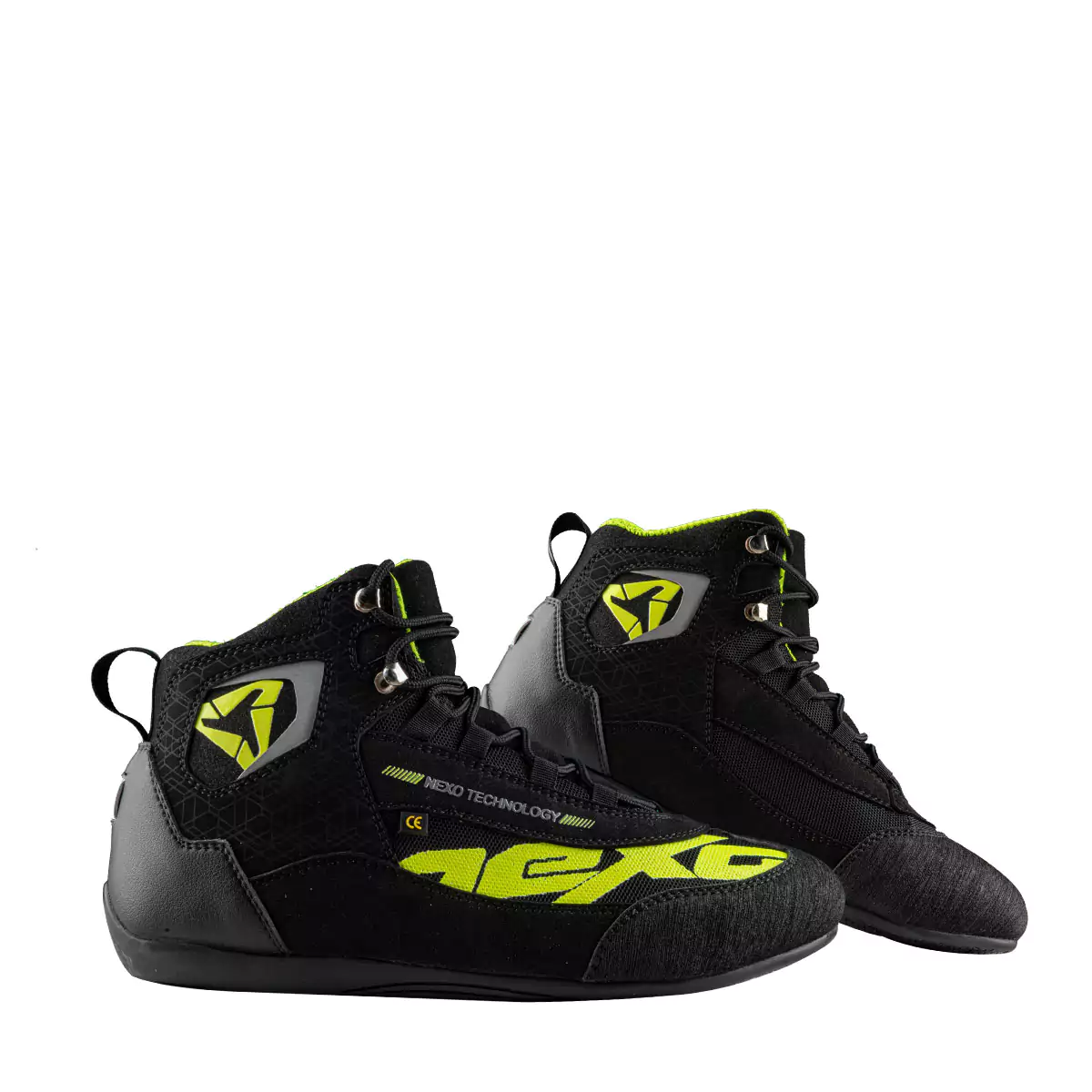 a pair of black and neon colored car racing boots