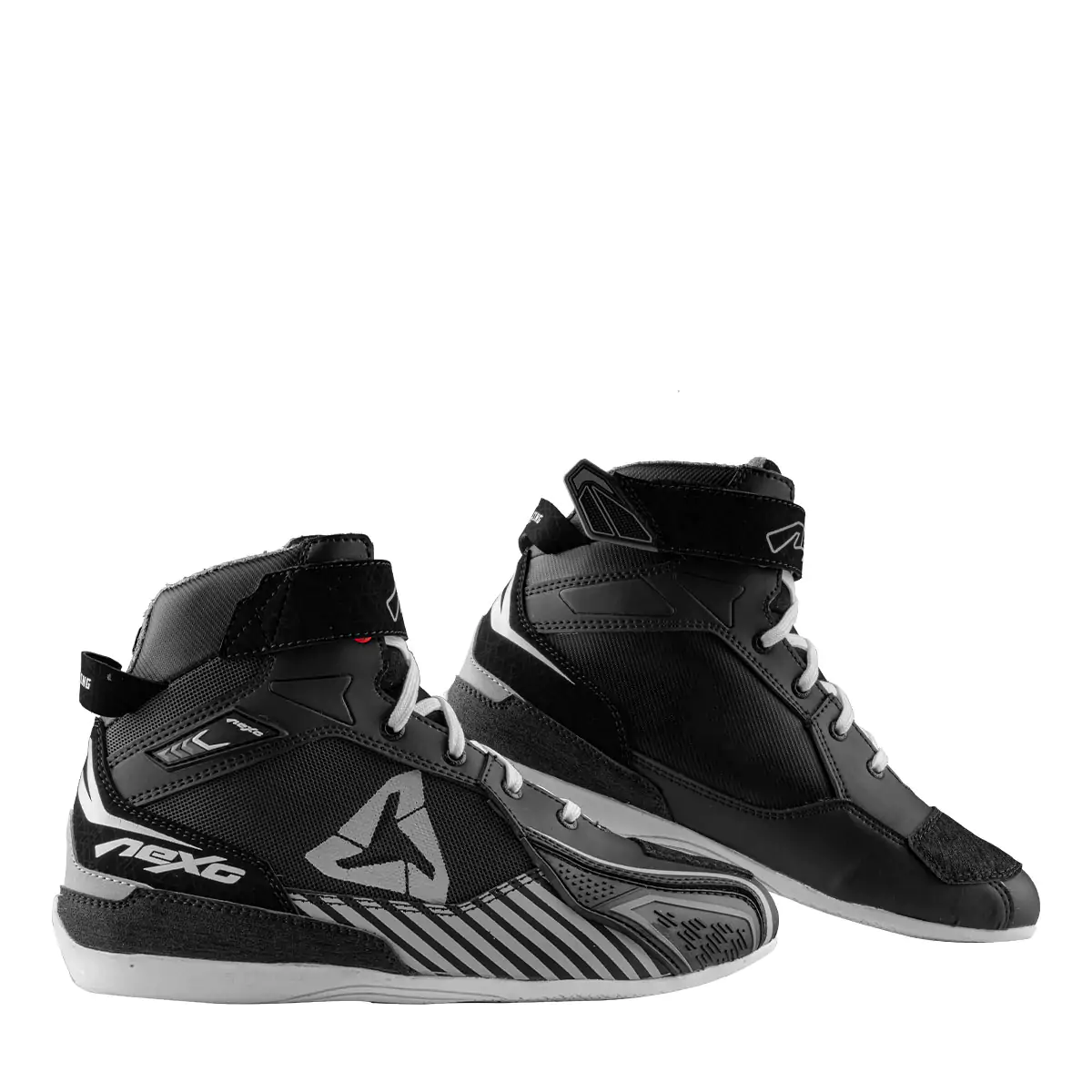 black motorcycle sneakers shoe pair with little bit white touch written nexo on them