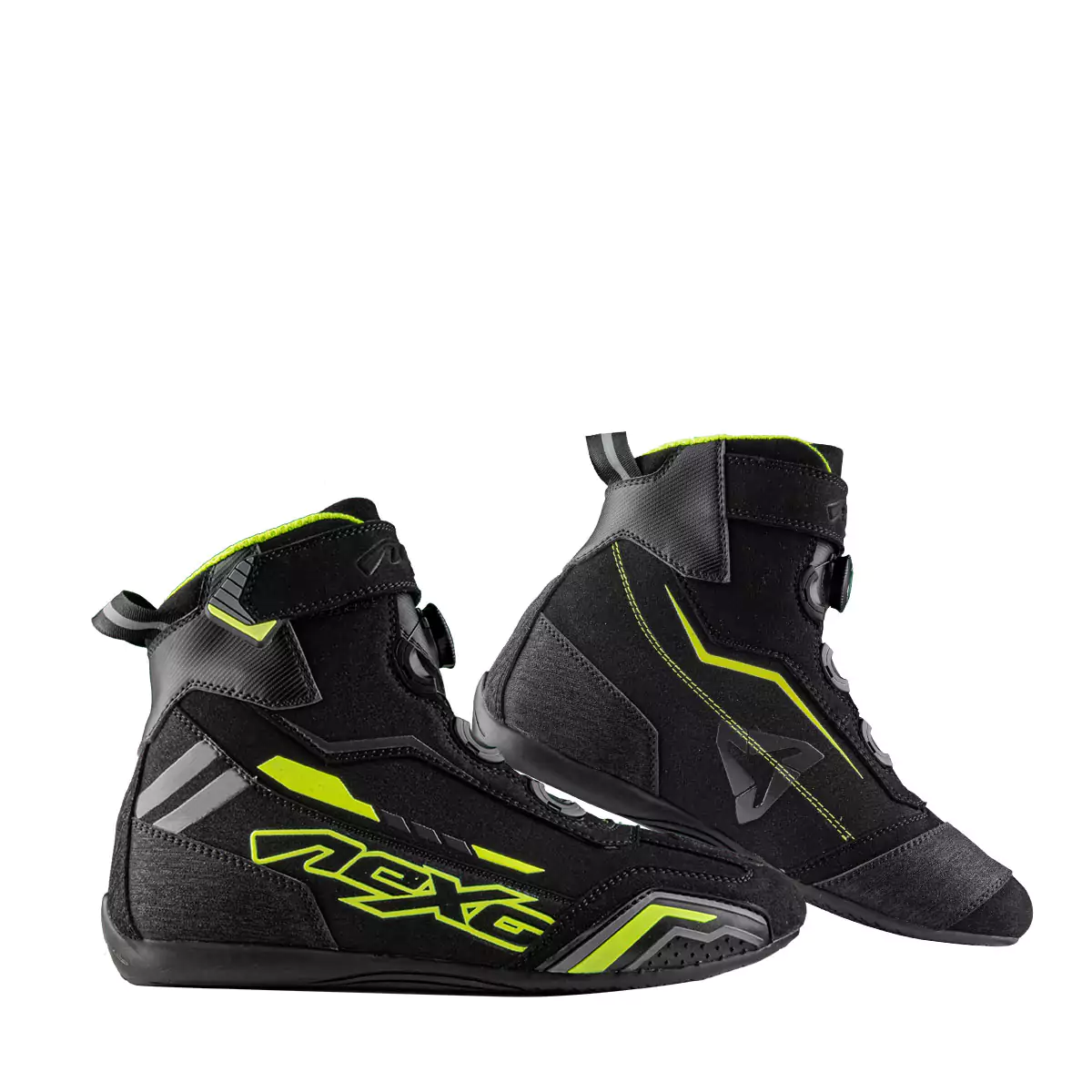 a pair of balck car racing boots written nexo on them in neon colour