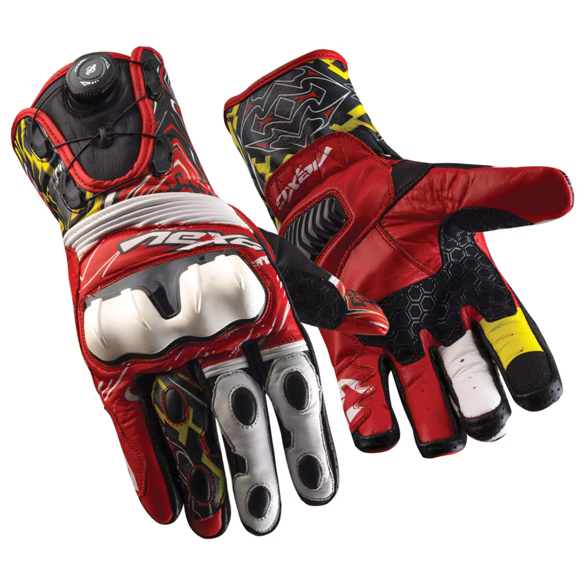 Pair of motorcycle racing gloves, featuring protective armor and knuckle guards.