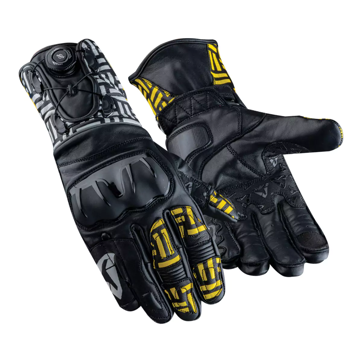 Pair of motorcycle racing gloves, featuring protective armor and knuckle guards.