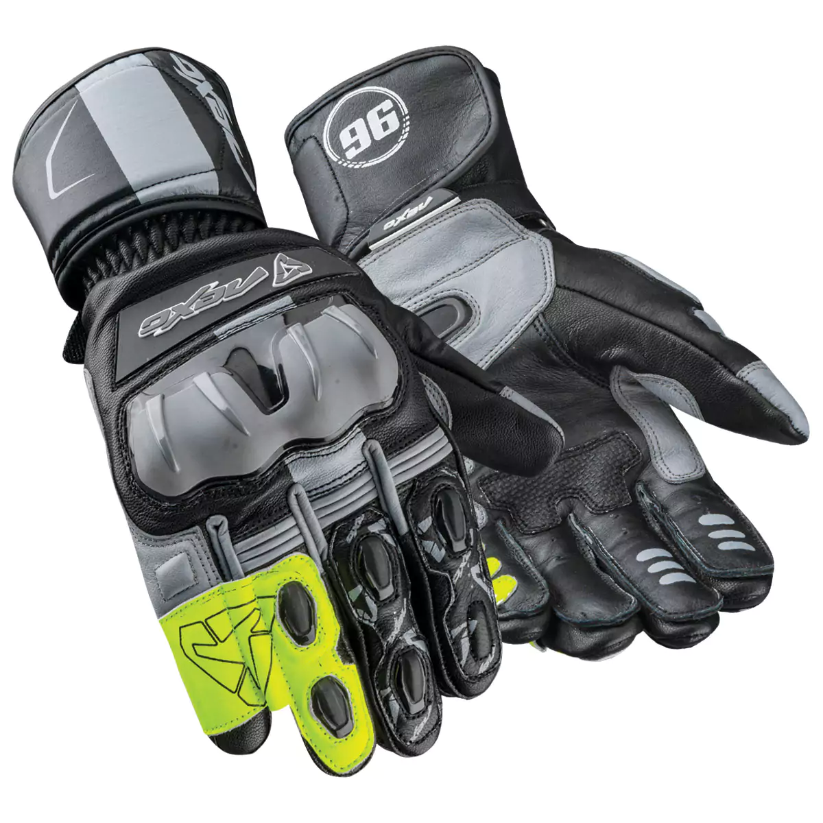 Pair of motorcycle racing gloves, featuring protective armor and knuckle guards.