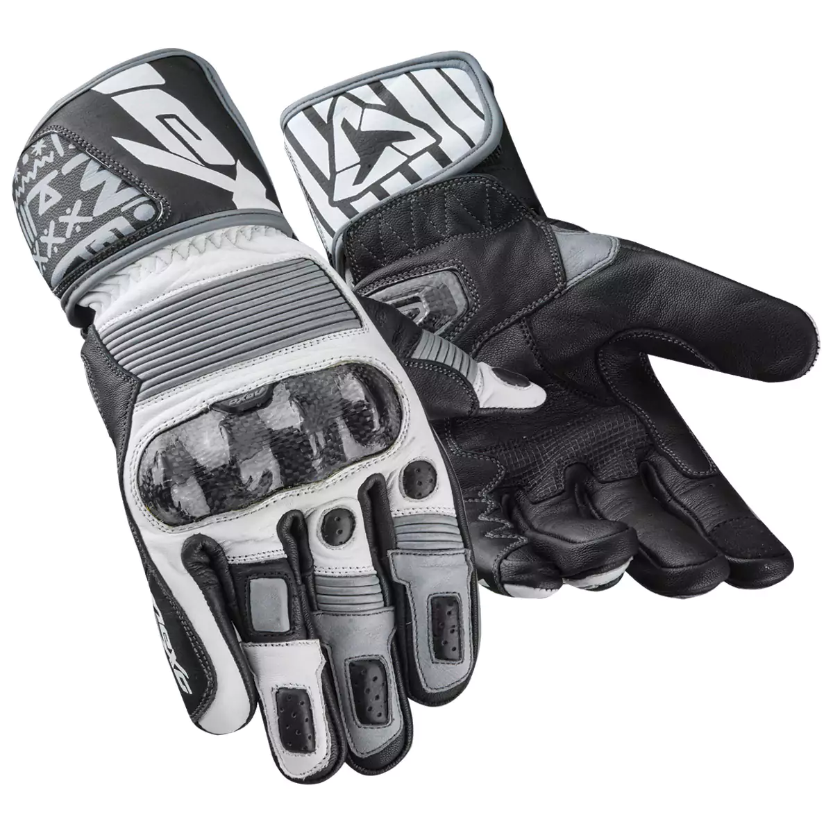 Pair of motorcycle racing gloves, featuring protective armor and knuckle guards.