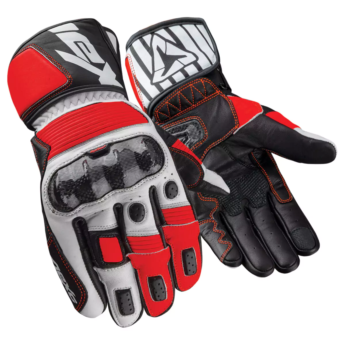 Pair of motorcycle racing gloves, featuring protective armor and knuckle guards.