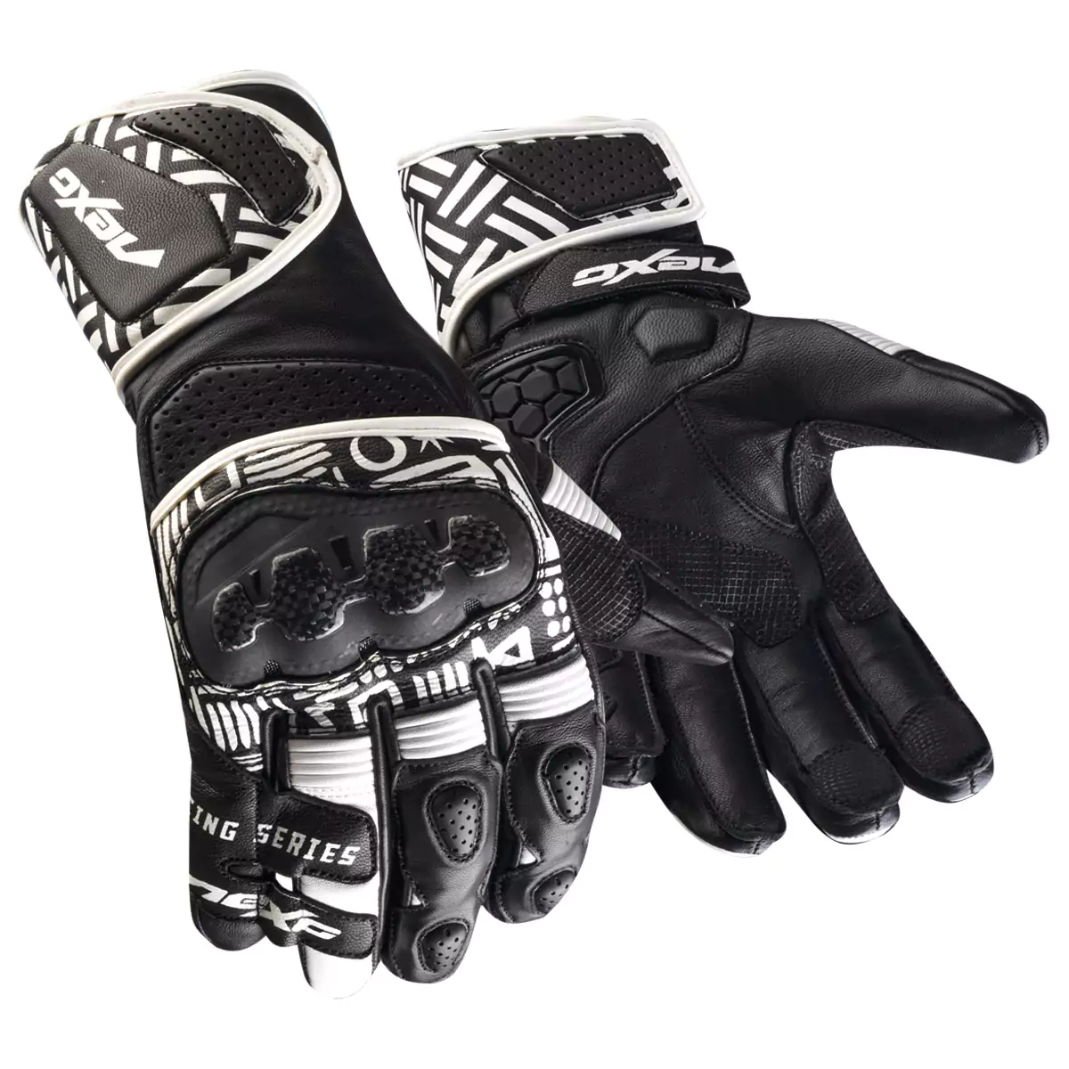 Pair of motorcycle racing gloves, featuring protective armor and knuckle guards.