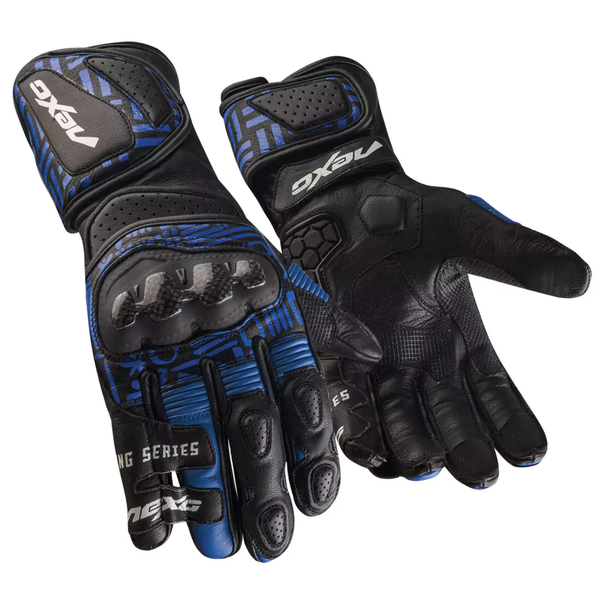 Pair of motorcycle racing gloves, featuring protective armor and knuckle guards.