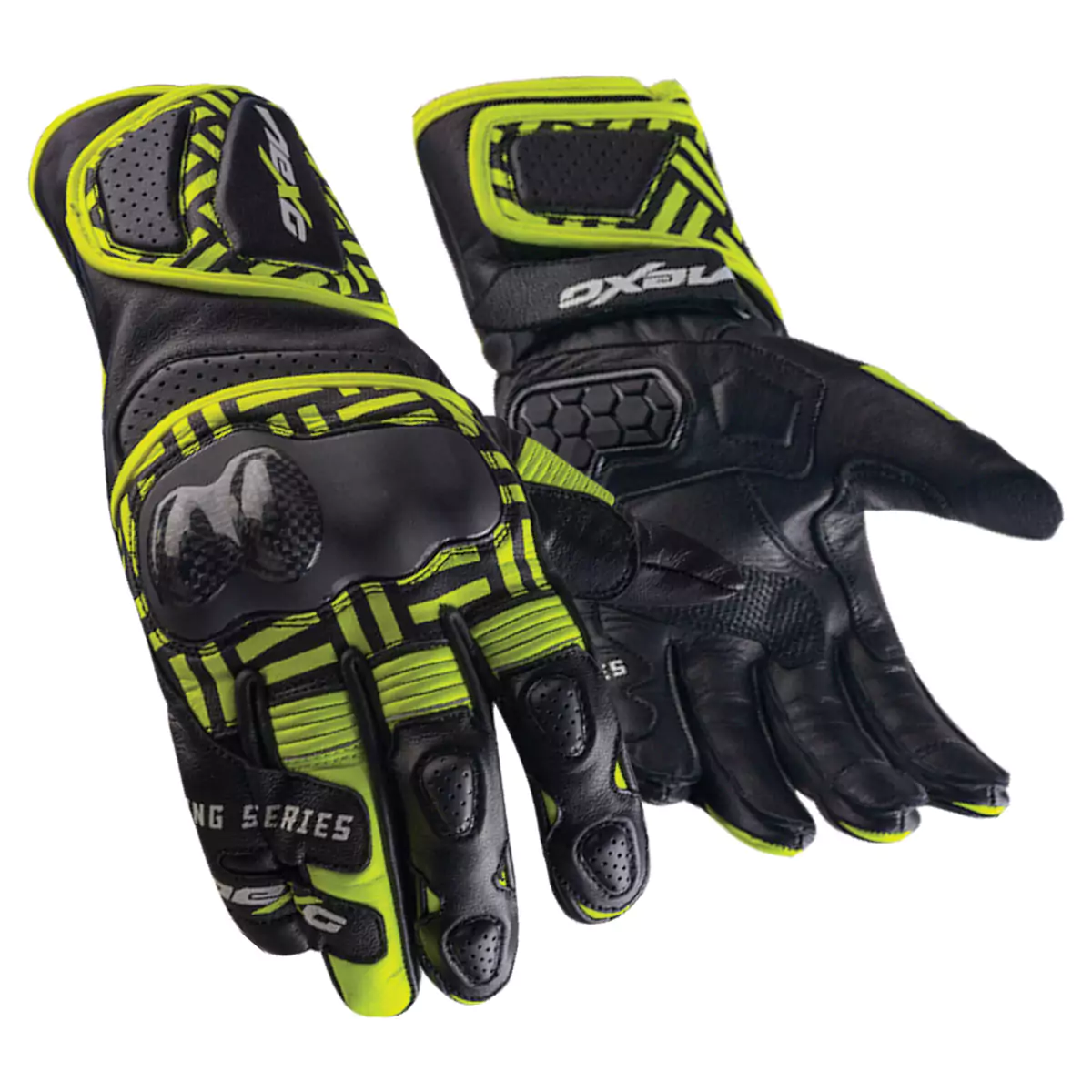 Pair of motorcycle racing gloves, featuring protective armor and knuckle guards.