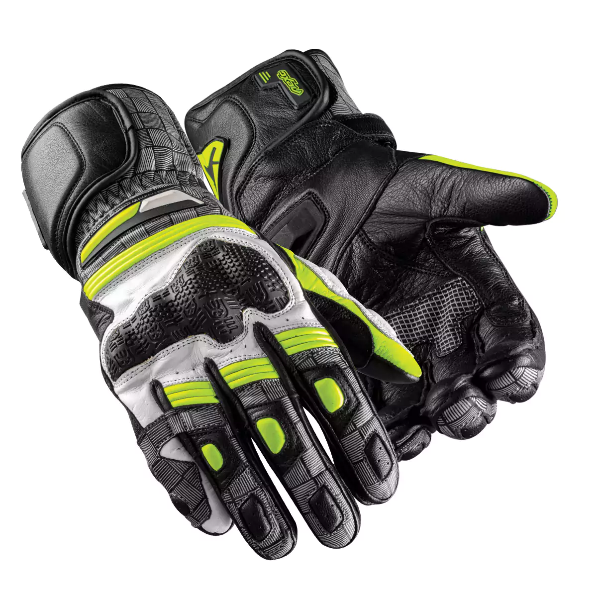 Pair of motorcycle racing gloves, featuring protective armor and knuckle guards.