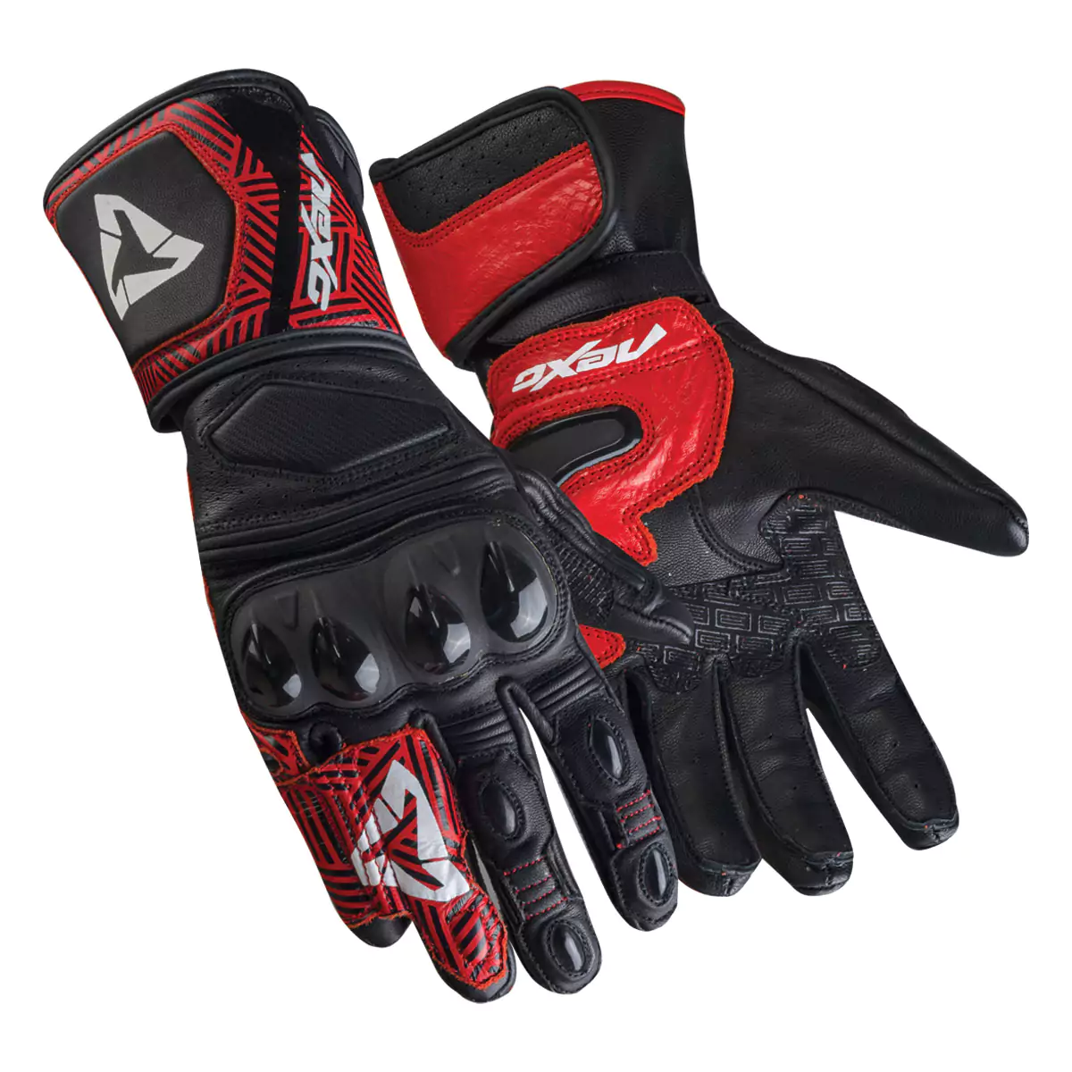 Pair of motorcycle racing gloves, featuring protective armor and knuckle guards.