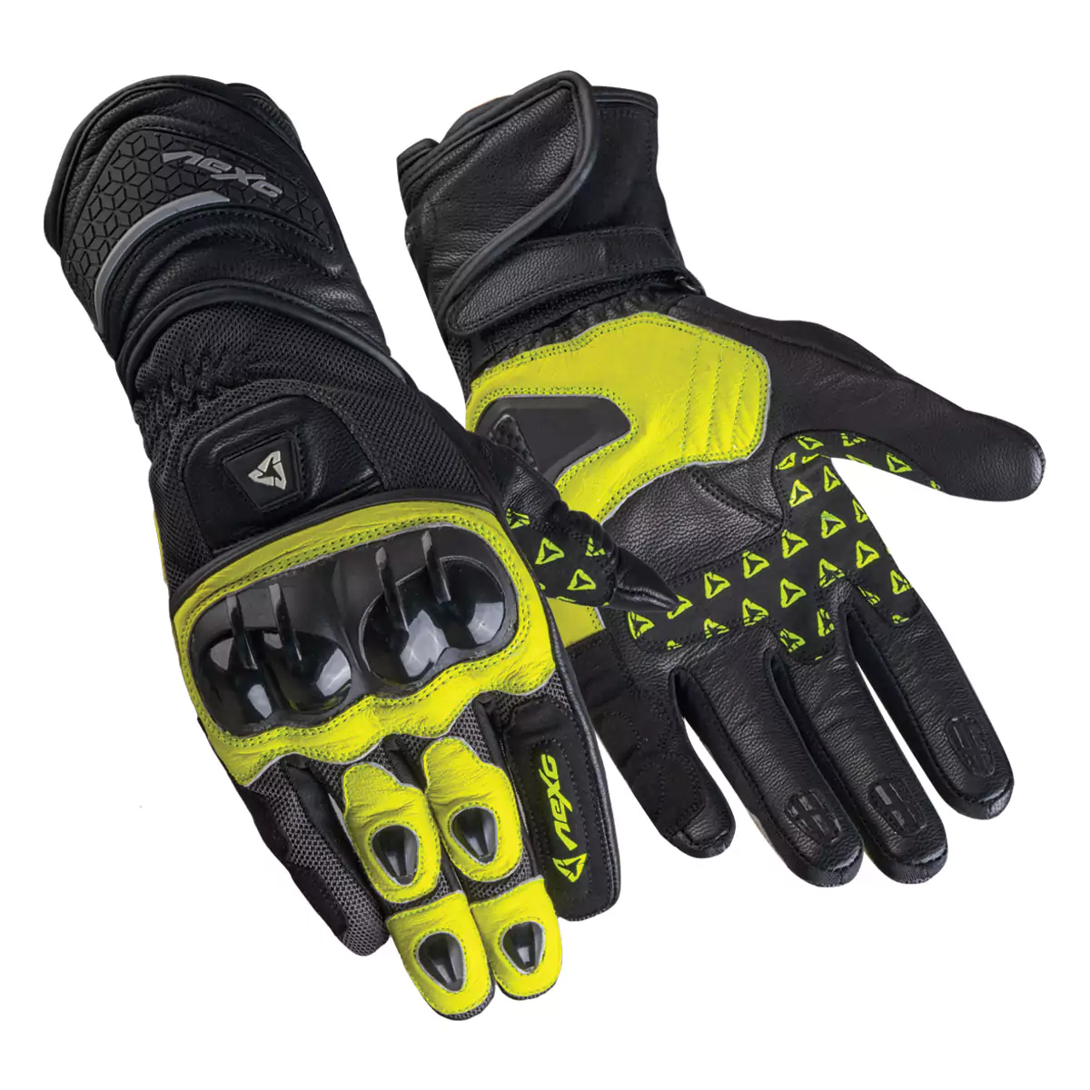 Pair of motorcycle racing gloves, featuring protective armor and knuckle guards.