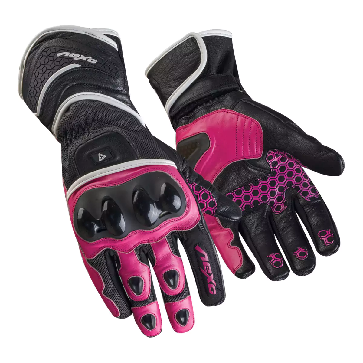 Pair of motorcycle racing gloves, featuring protective armor and knuckle guards.