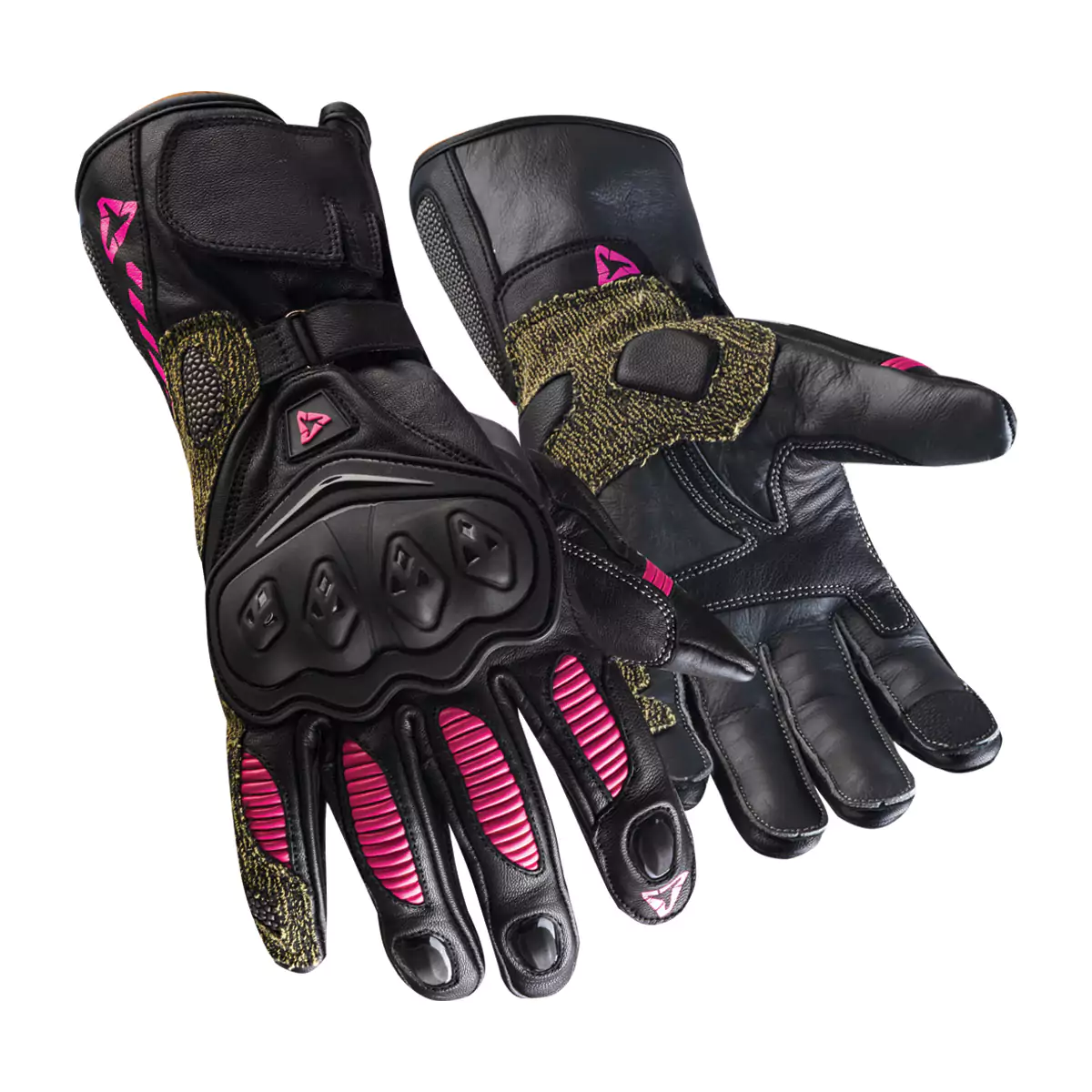 Pair of motorcycle racing gloves, featuring protective armor and knuckle guards.