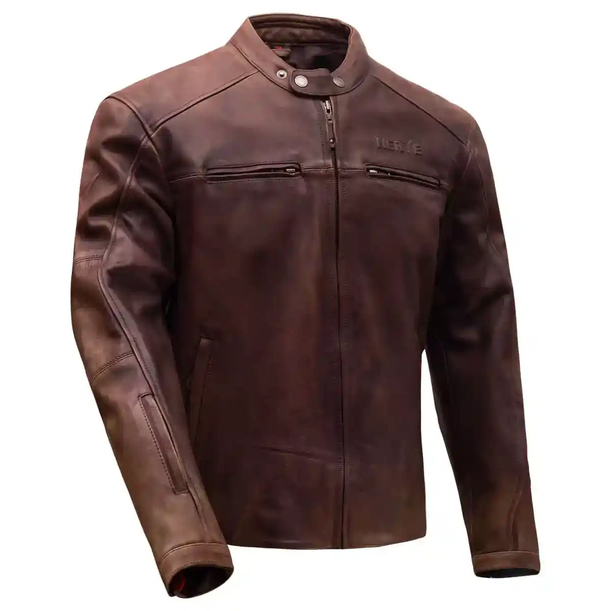 Mens leather motorcycle jacket with a classic design and multiple pockets.