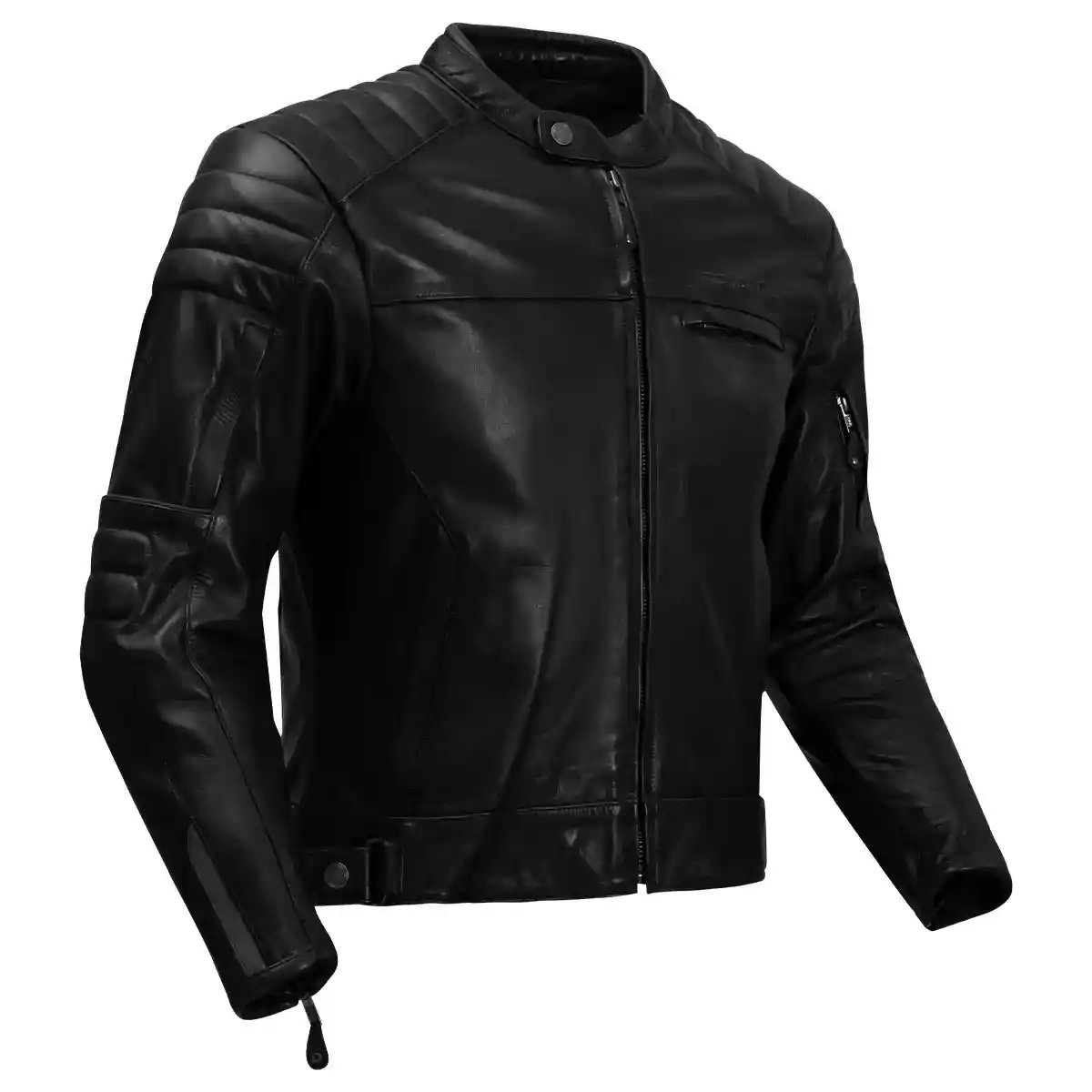 Mens leather motorcycle jacket with a classic design and multiple pockets.