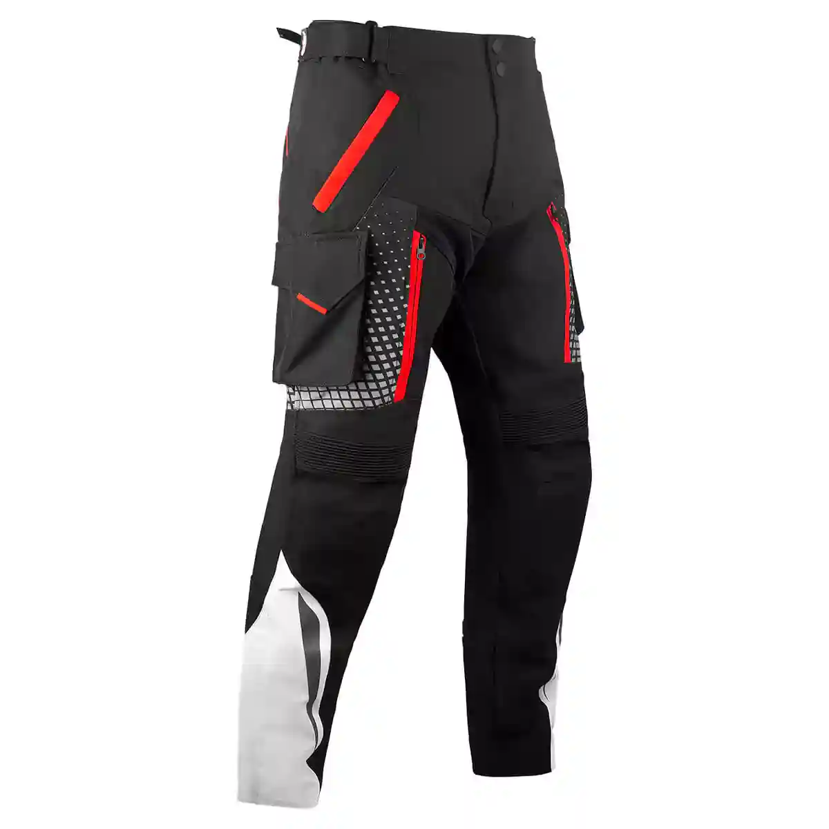 Black and white color motorcycle textile pants with protective padding and adjustable straps.