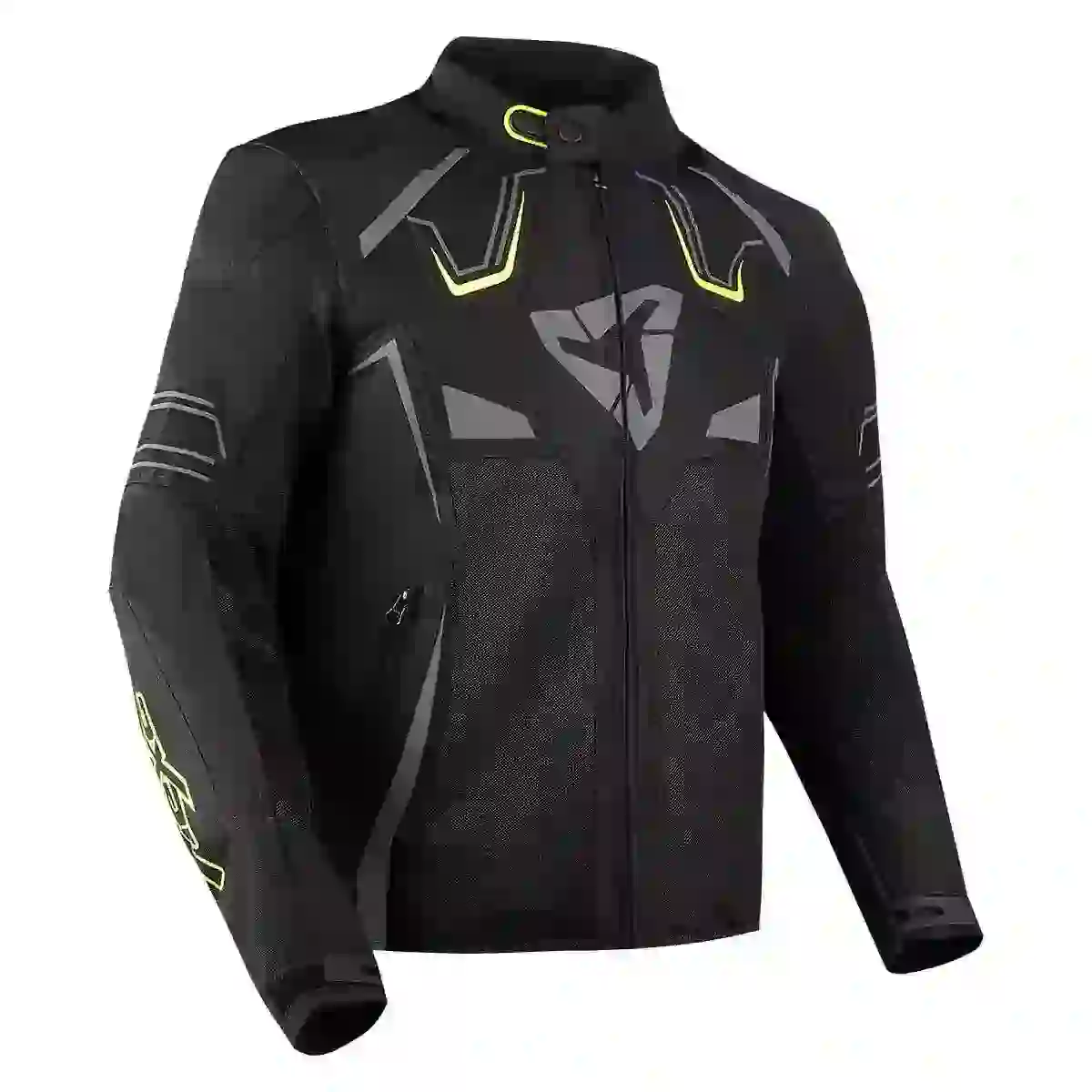 Textile motorcycle jacket with protective padding and reflective accents.