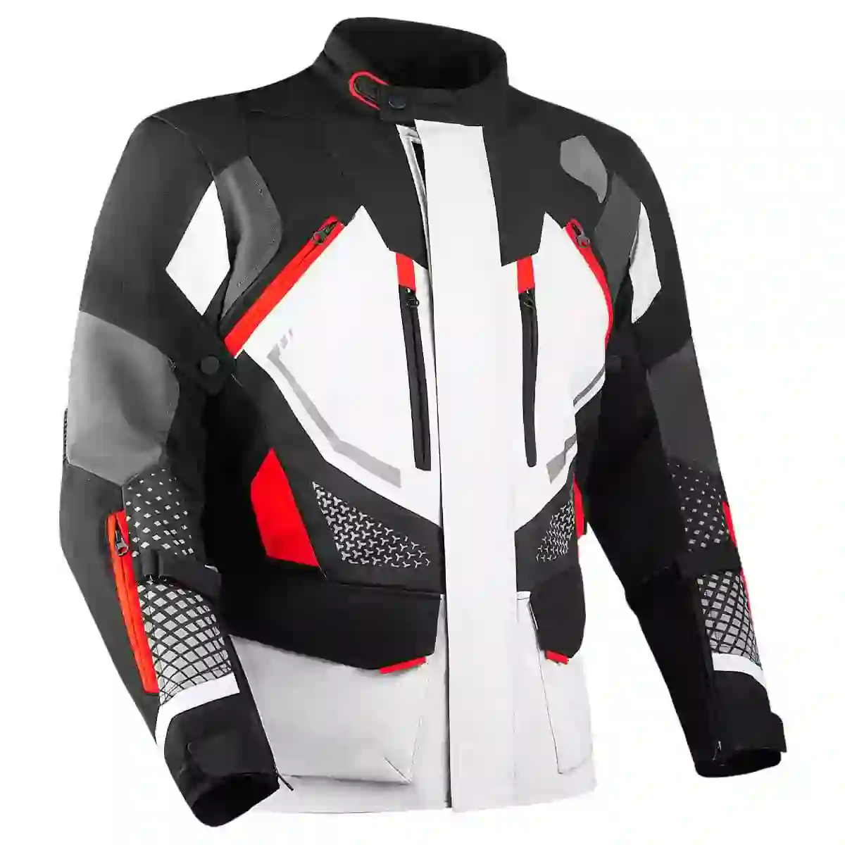 Textile motorcycle jacket with protective padding and reflective accents.