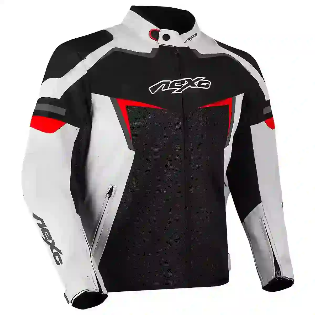 Textile motorcycle jacket with protective padding and reflective accents.