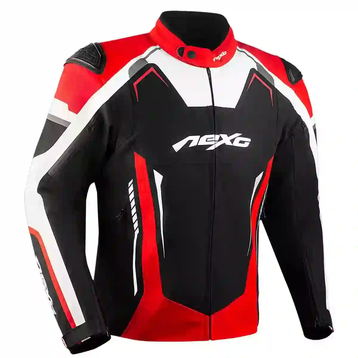 Textile motorcycle jacket with protective padding and reflective accents.